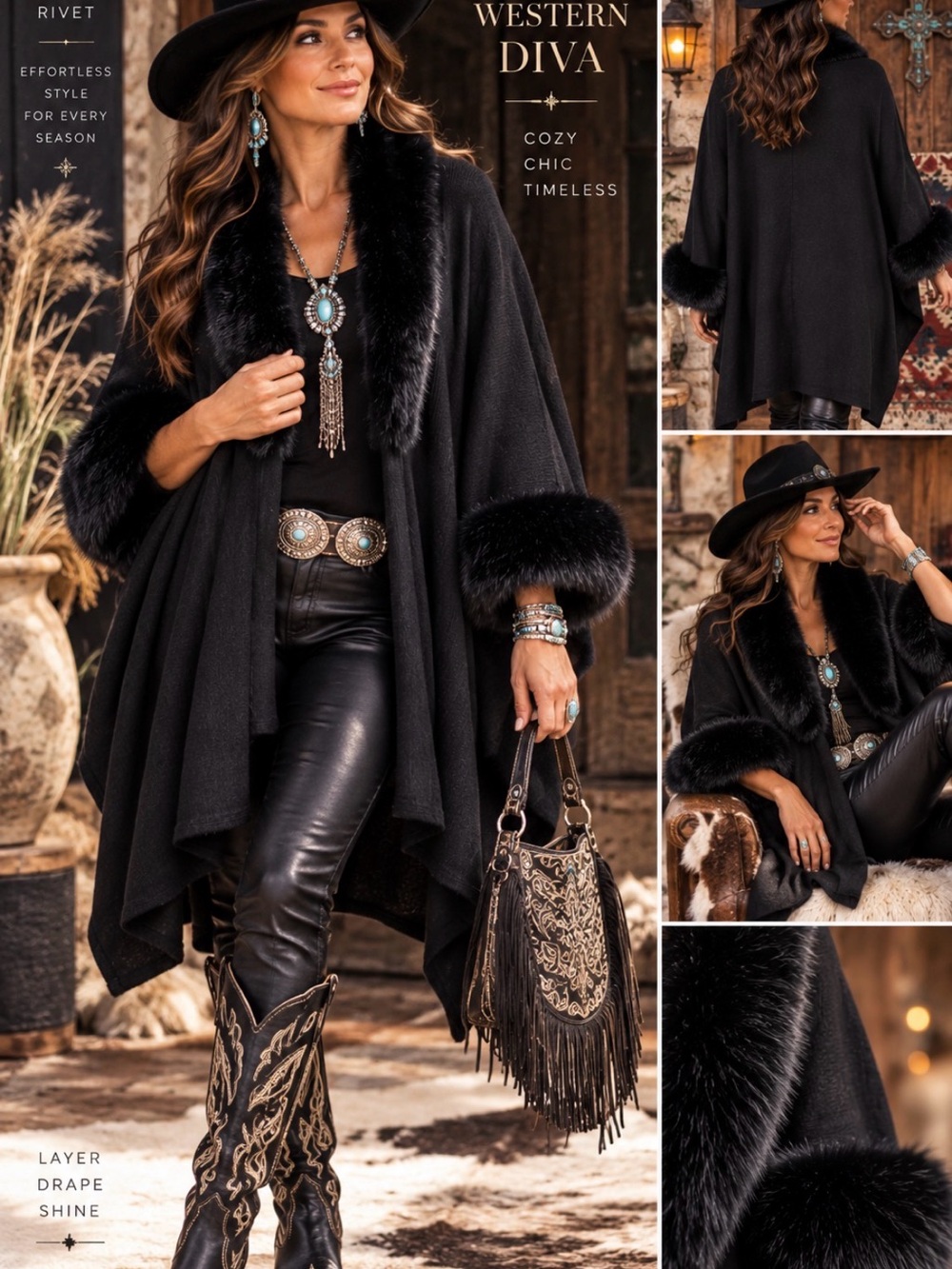 Black Faux-Fur Trim Cape cardigan -open front -OSFM